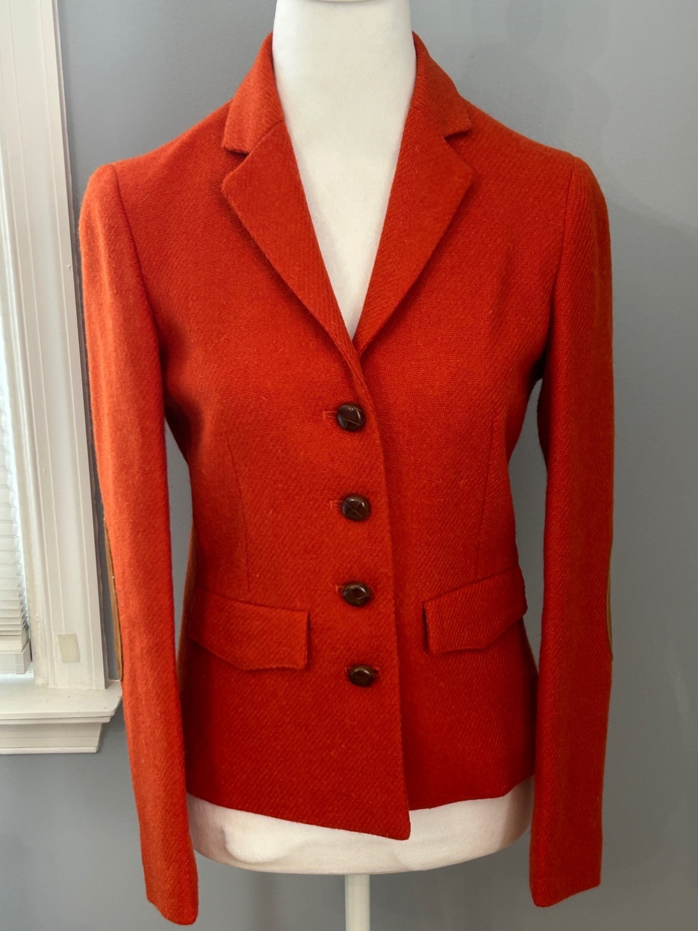 J. McLaughlin 100% Wool Blazer Jacket Size 0 Orange Silk Lined Elbow Patches